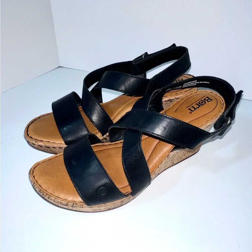 Born Women's‎ Leather Straps Cork Platform Sandal Wedge Black, Size 10
